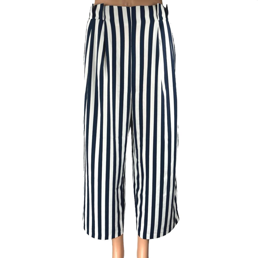 Zara Basic Women's Navy Blue White High Waisted Wide Leg Cropped Pants Size M